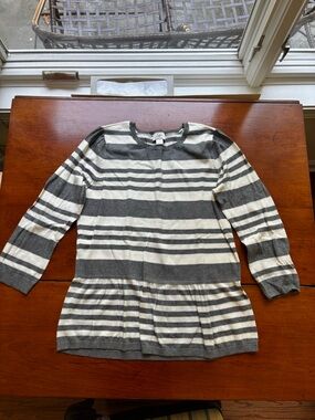 LOFT Gray & Ivory Striped Peplum Sweater 3/4 Sleeve 100% Cotton Size Medium
